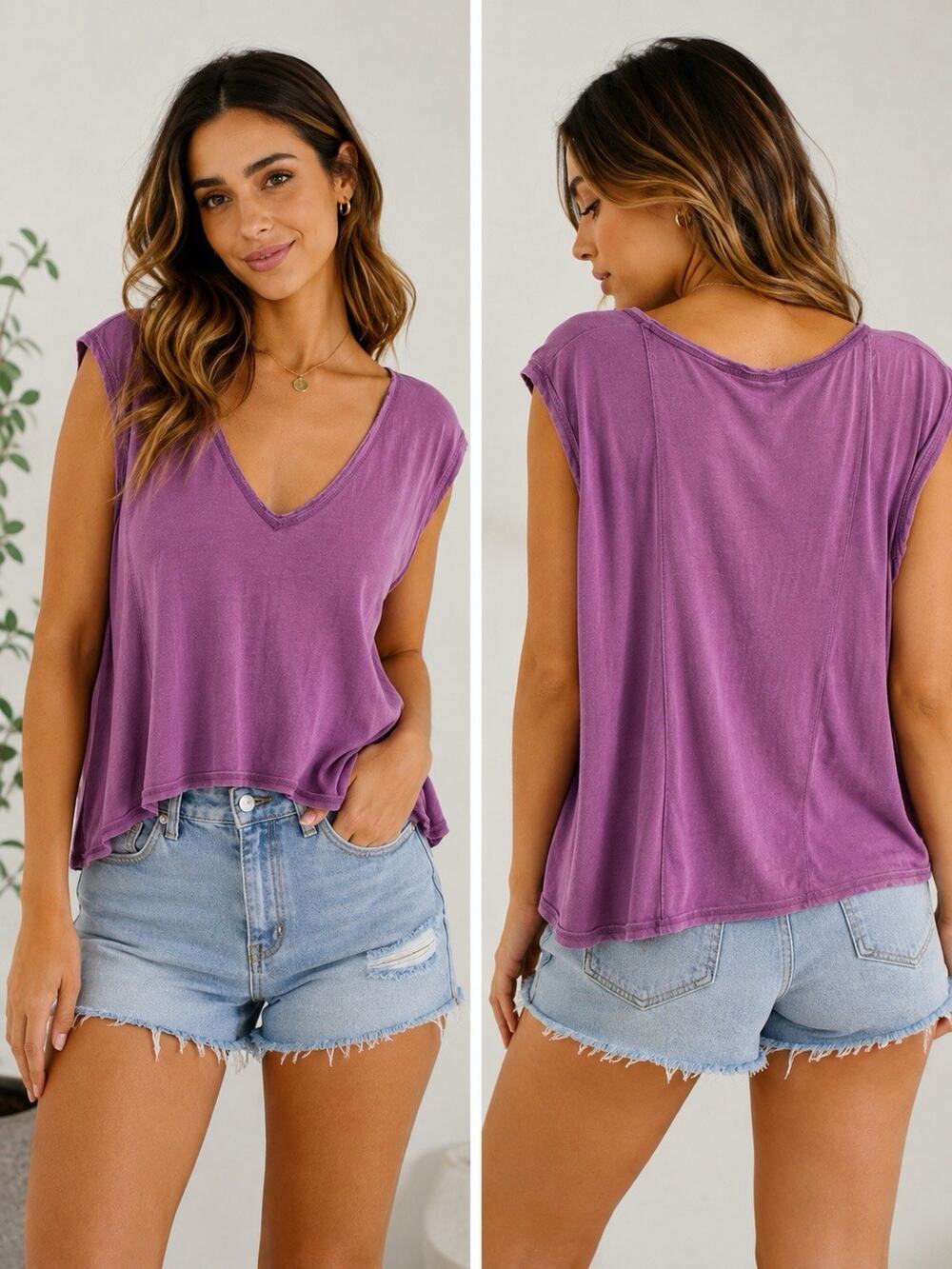 Free People NWT We The Free Purple V-Neck Cotton Knit Relaxed Tee Top Size L